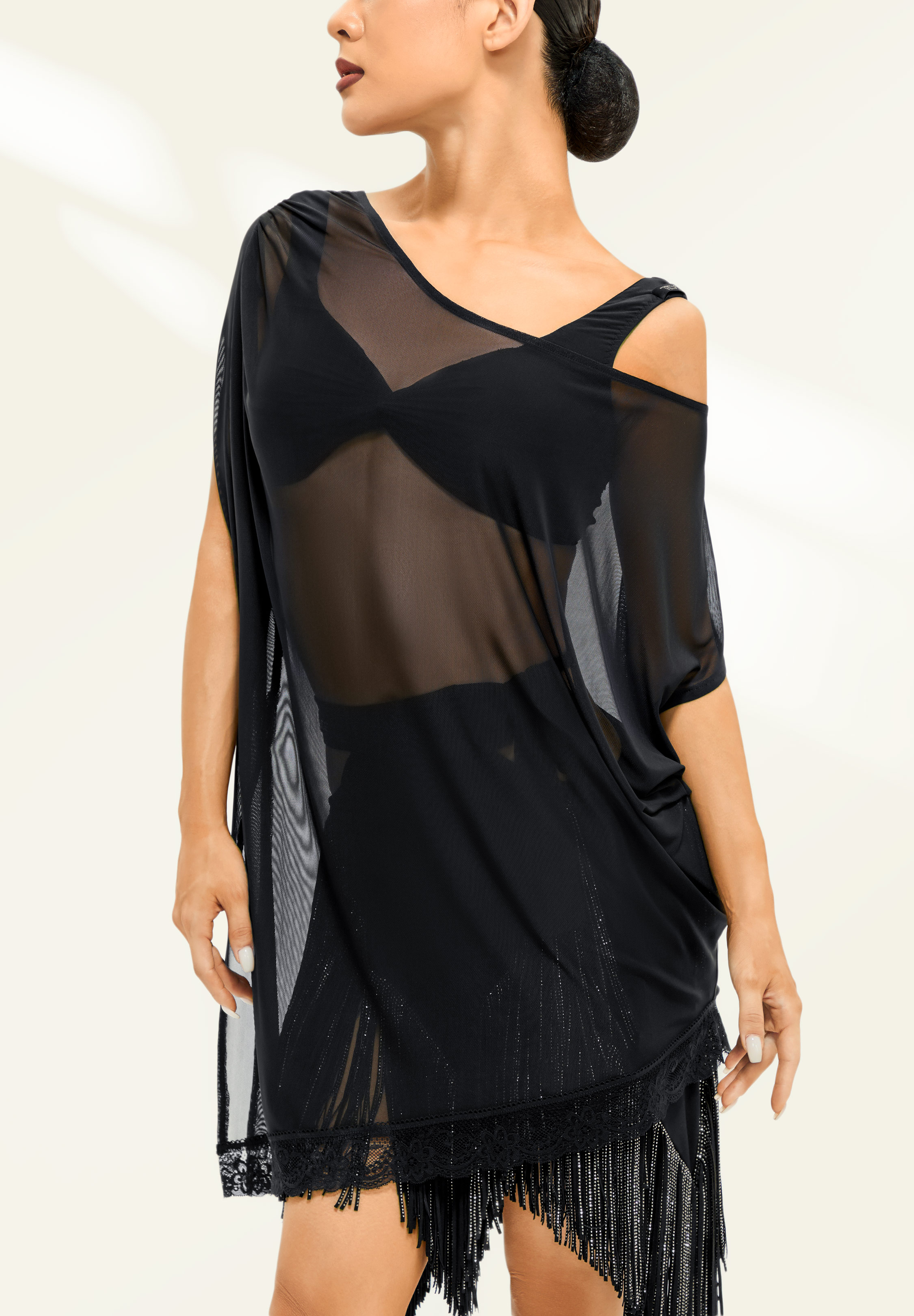 TDANCE Flowy Draped Off-Shoulder Top GL-0107-Black Mesh