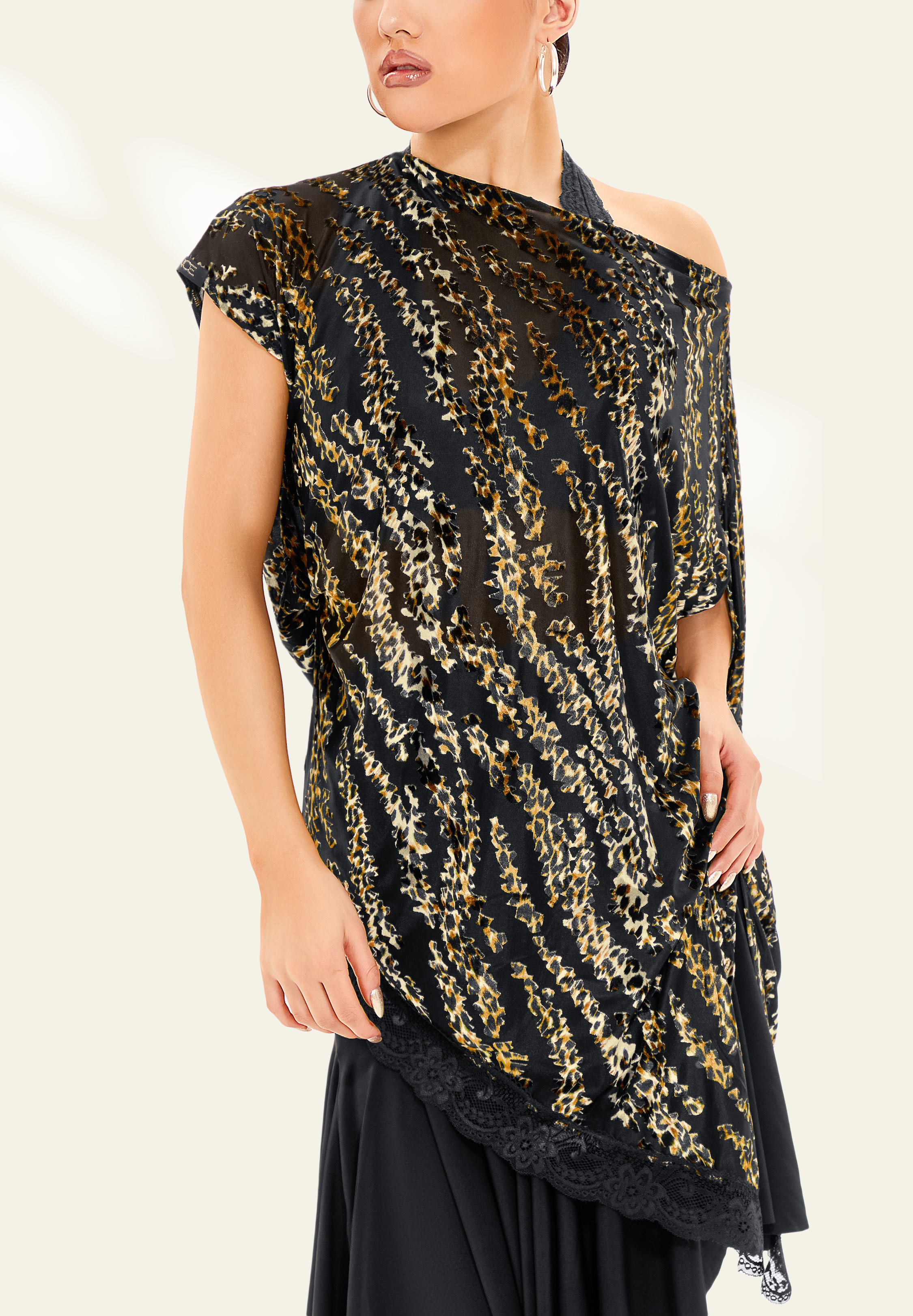 TDANCE Flowy Draped Off-Shoulder Top GL-0107-Burning-out Leopard Print
