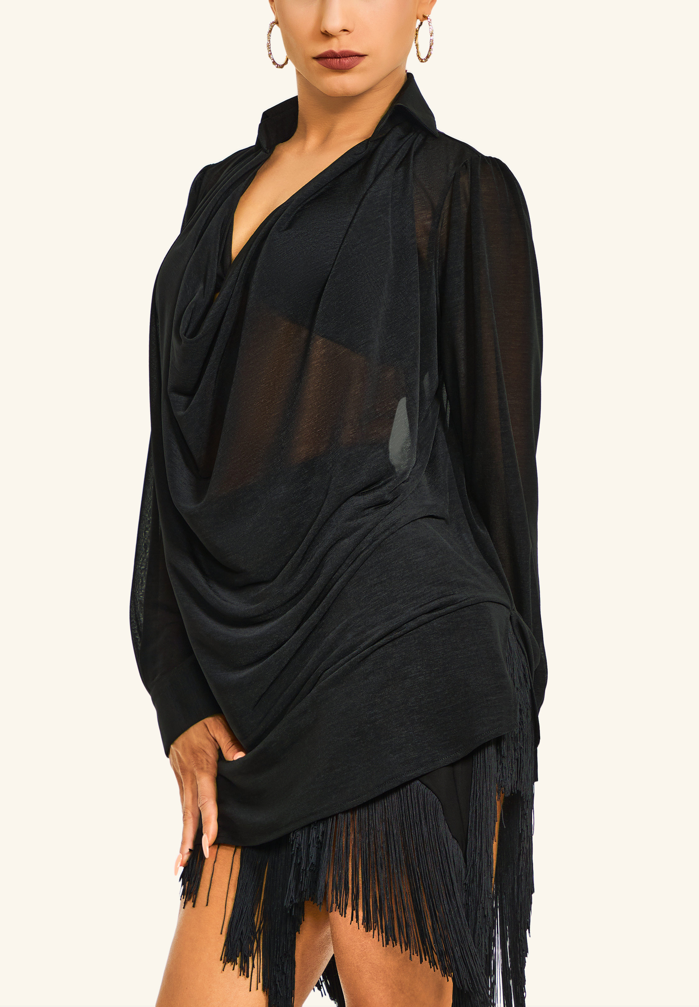 TDANCE Waterfall Front Sheer Top GL-0053-Black