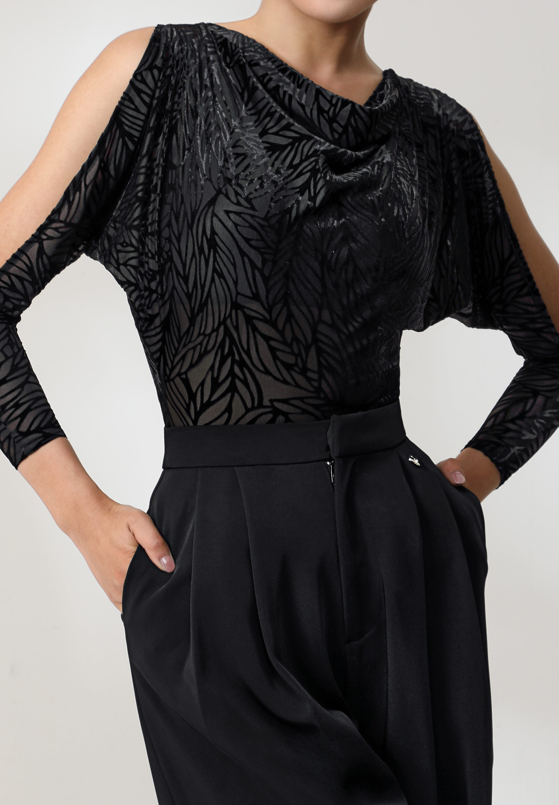 TID Slash Sleeve Velvet Bodysuit B005-Black