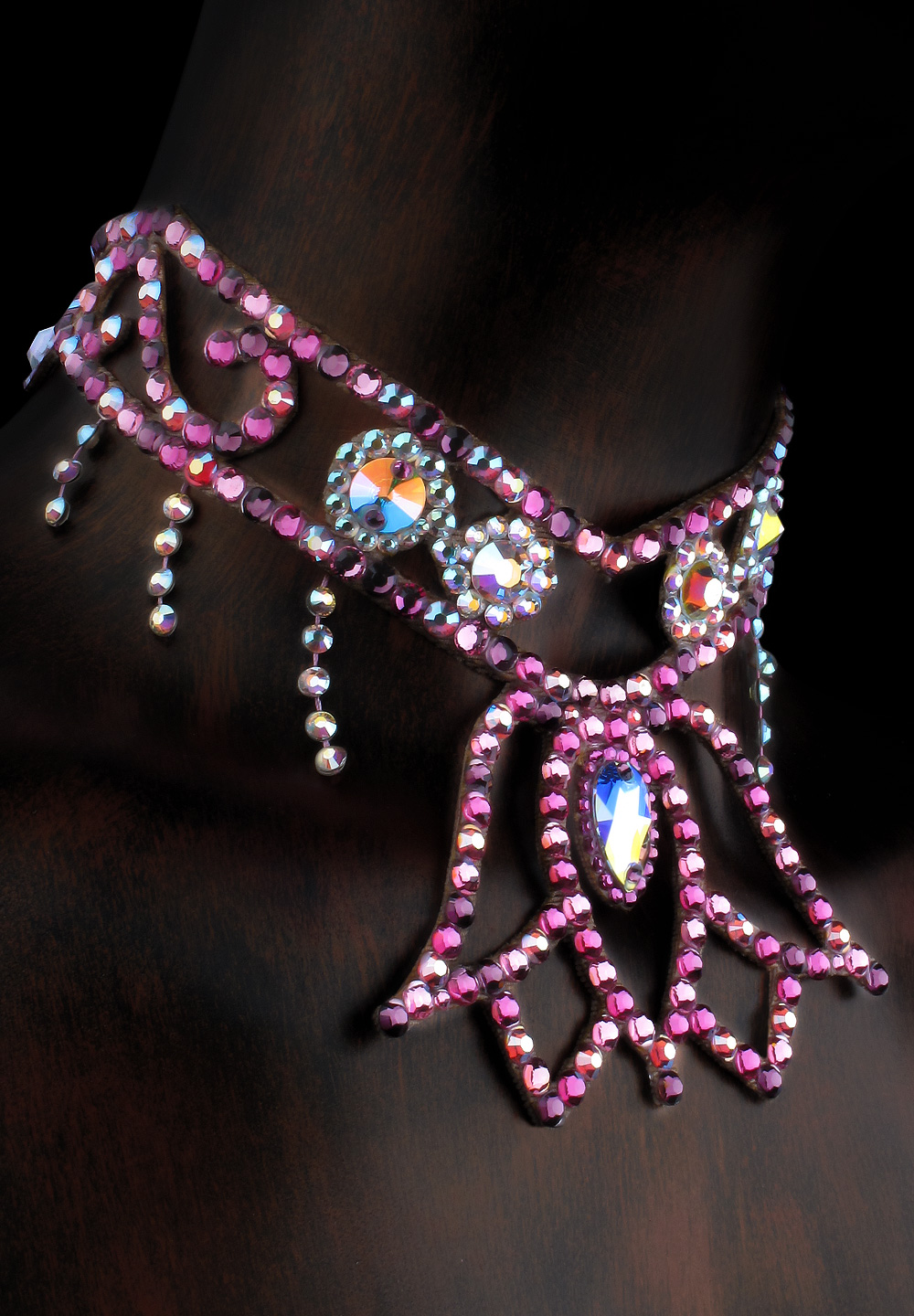 Serena Rhinestone Choker CK-535-Fuchsia/Rose/Rose AB