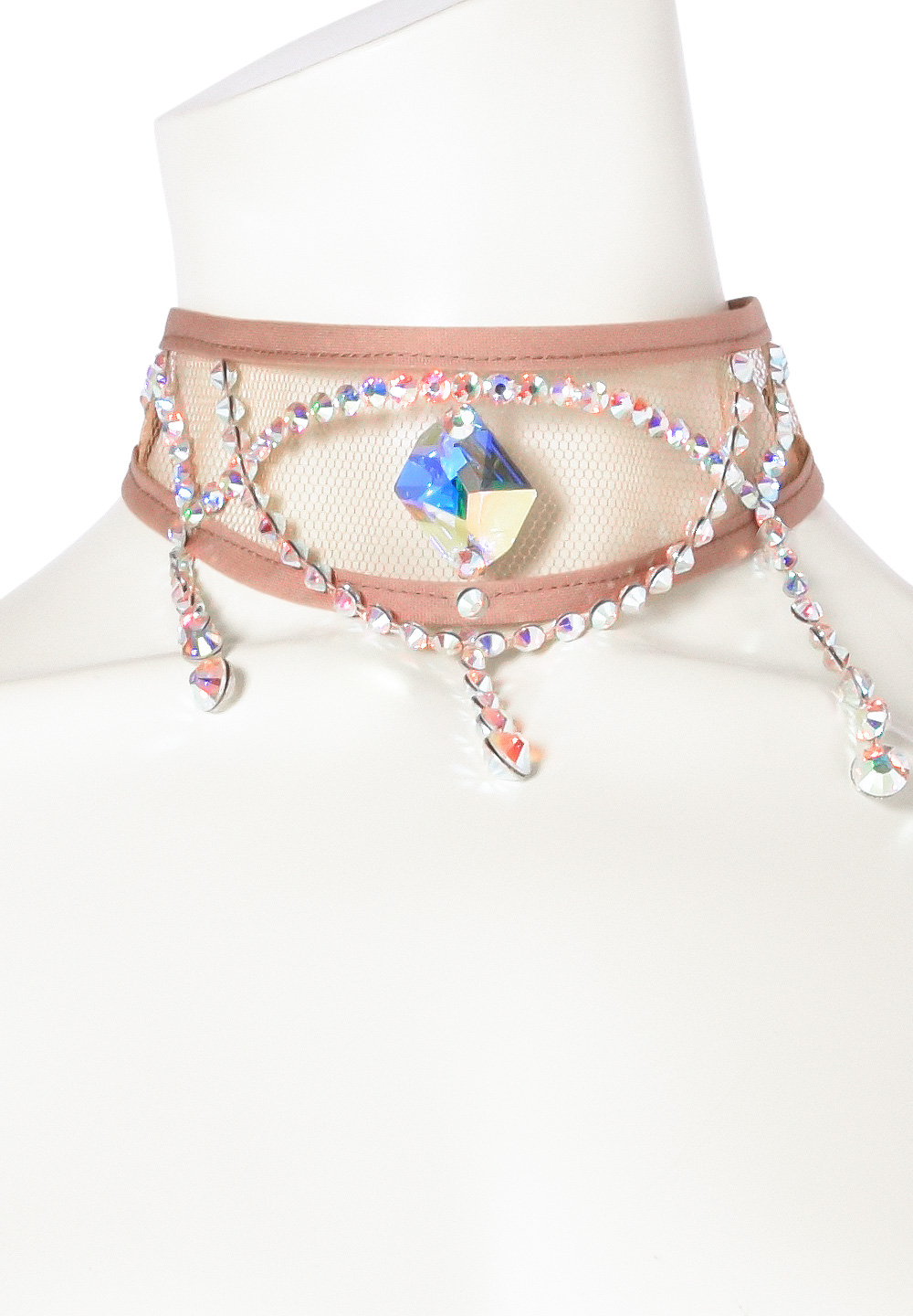 Taka Dangling Crystal Lines Mesh Choker CH-015-Nude / Crystal AB