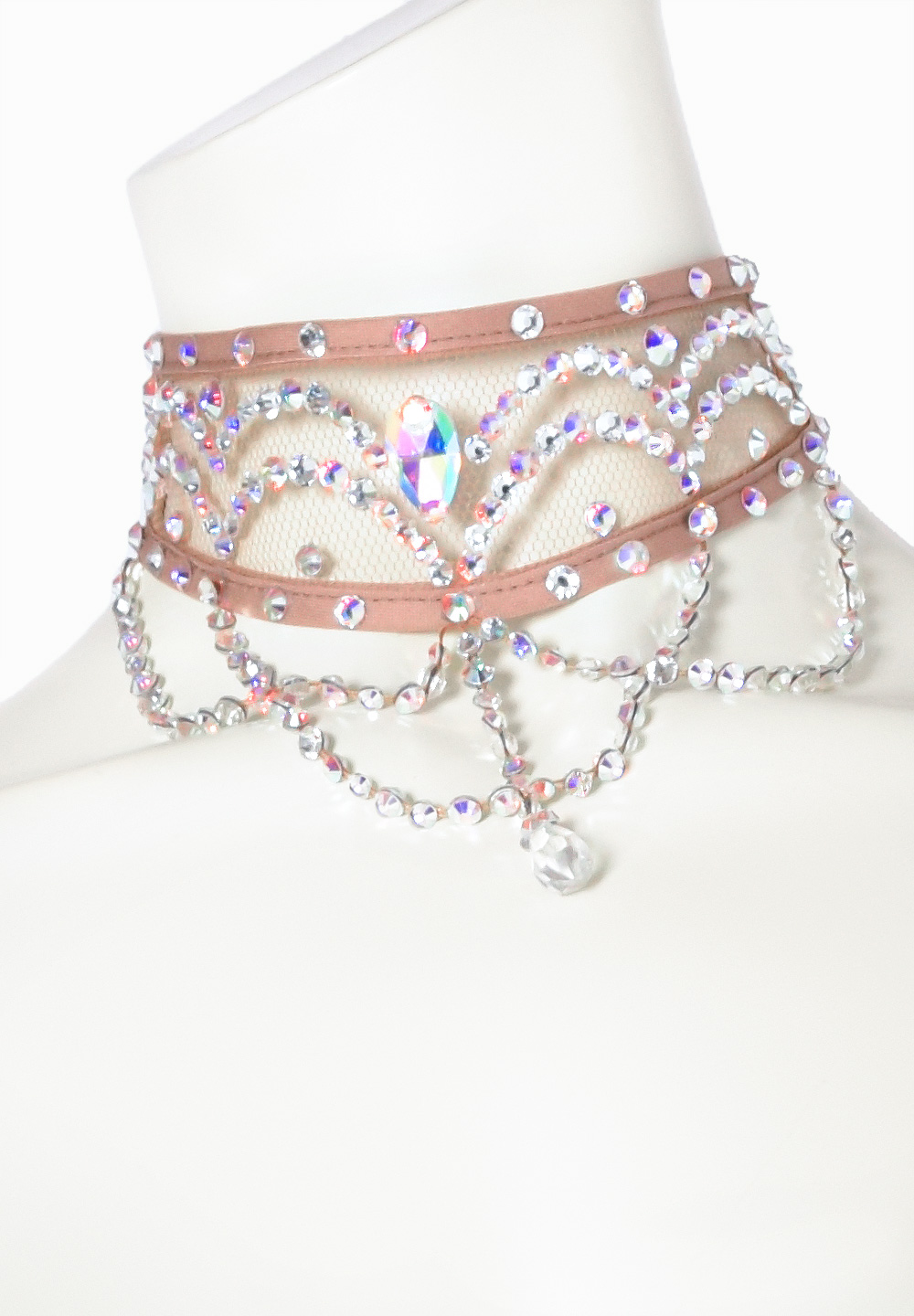 Taka Studded Mesh Choker w/ Dangling Crystal CH-005-Nude / Crystal AB