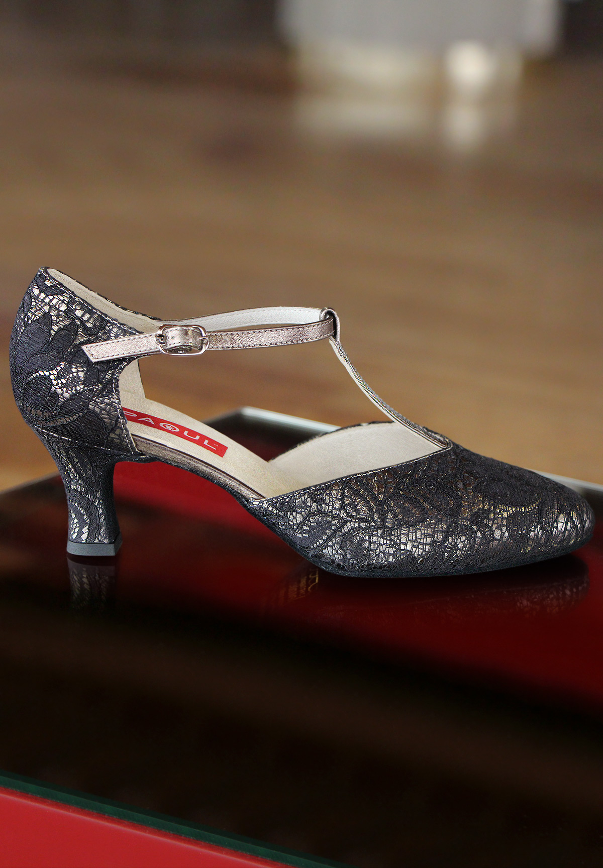 Paoul 614 T-Bar Dance Shoes-Pewter/Black Lace / Pewter Kid
